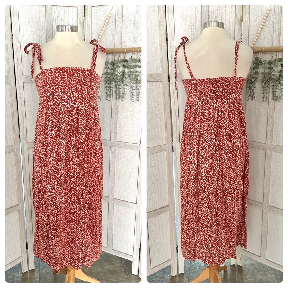 Old Navy Floral Print Sleeveless Midi Cotton Blend Tie Shoulder Dress Sz Medium